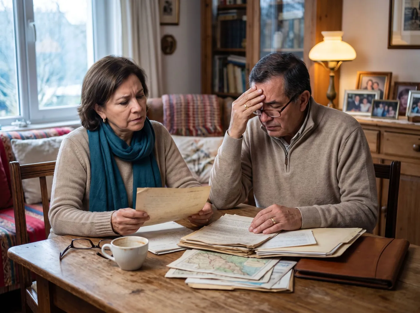 Pareja revisando documentos de su casa en la mesa del comedor