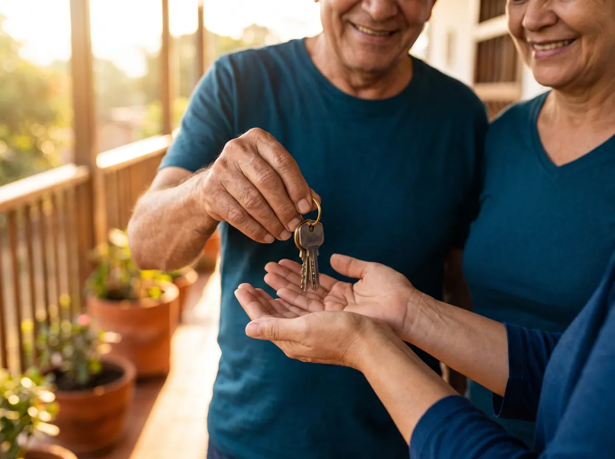 Pareja de adultos mayores entregando las llaves de su casa a un familiar