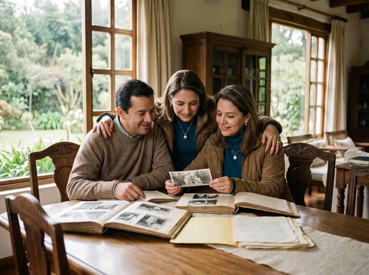 Tres hermanos revisando álbumes de fotos familiares en la casa de sus padres